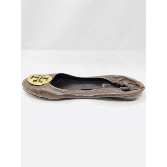 Tory Burch Brown Leather MINNIE Travel Ballet Flats w/Gold Hardware Sz 10 M - Picture 2 of 10